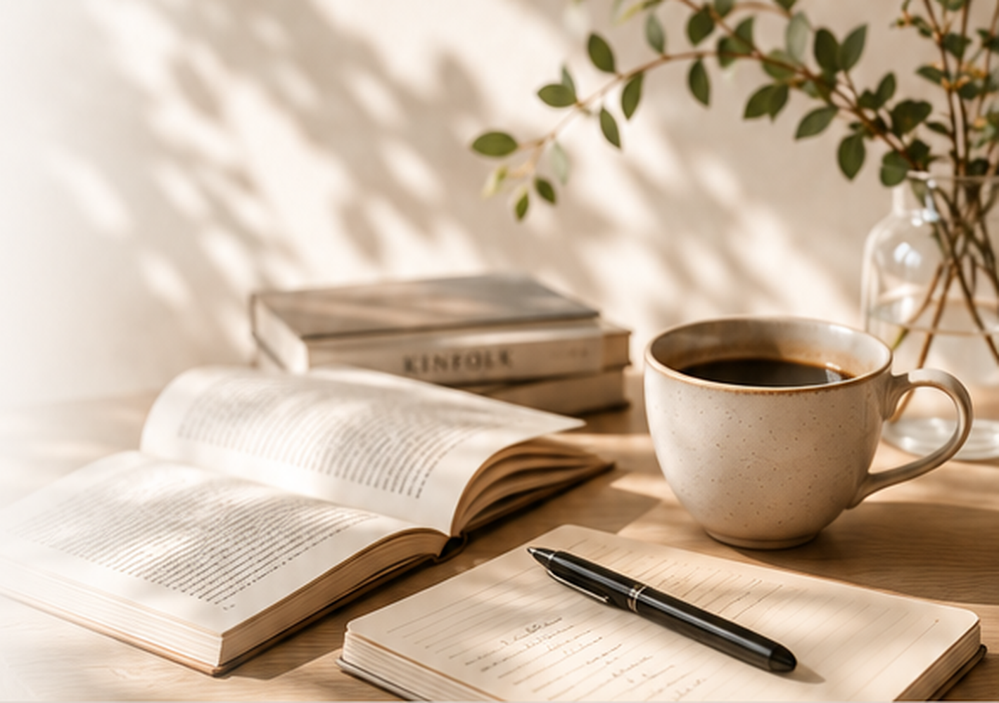 A warm reading scene with an open book, notebook, pen, coffee, and natural light