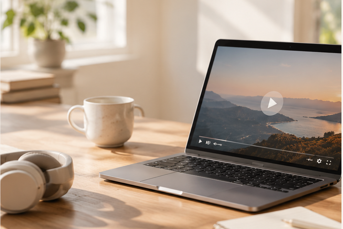 A warm minimalist video-watching scene with a laptop, headphones, coffee cup, and natural light